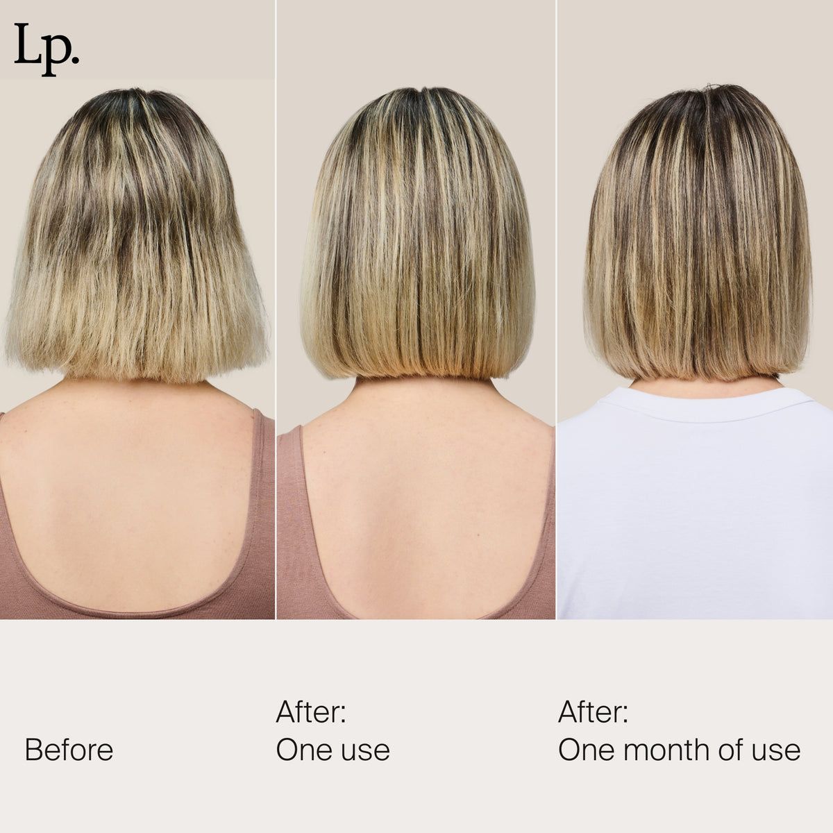 Drei Fotos zeigen den Hinterkopf einer Frau vor der Verwendung der Living Proof Restore Repair Mask, nach einer Verwendung und nach einem Monat.
