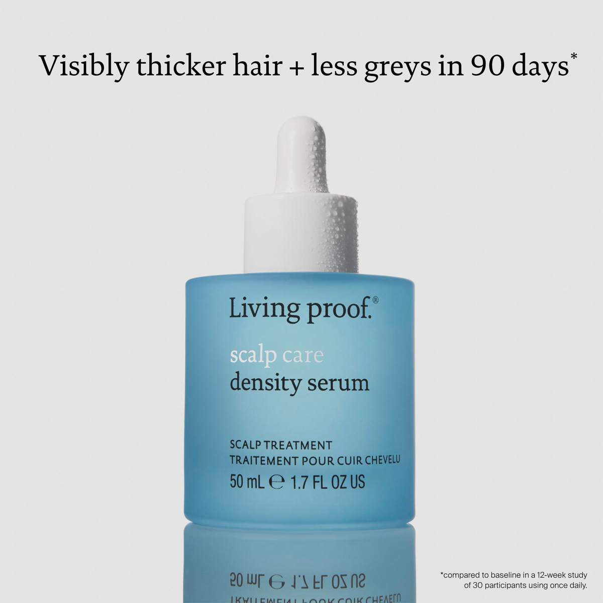 Das Living Proof Scalp Care Density Serum in einer blauen Flasche mit Tropfer sorgt für dickeres Haar und reduziert graue Haare in 90 Tagen.