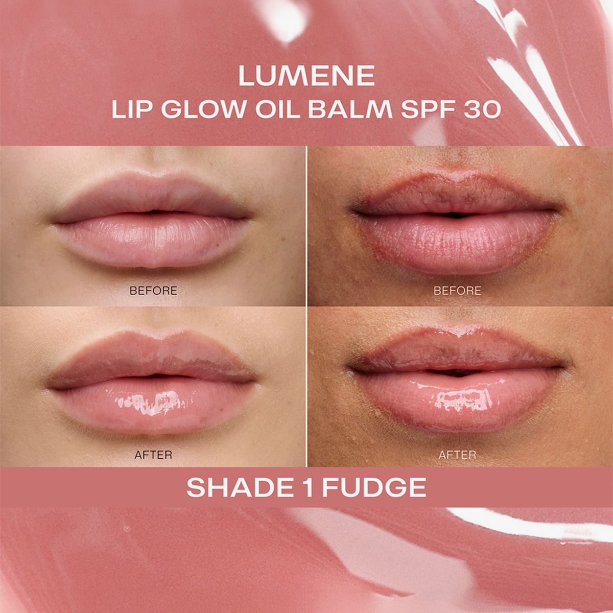 Vier Nahaufnahmen zeigen die Lippen vor und nach der Anwendung von Lumene Lip Glow Oil Balm SPF30 in Shade 1 Fudge.