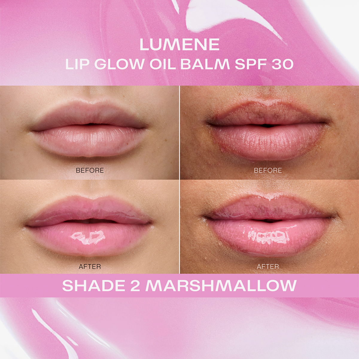 Vier Nahaufnahmen der Lippen vor und nach der Anwendung von Lumene Lip Glow Oil Balm SPF30, Shade 2 Marshmallow.
