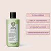 Grüne Flasche Structure Repair Conditioner mit schwarzem Deckel aus der Structure Repair Beauty Bag 2025, neben Produktvorteilen auf blassrosa Hintergrund.