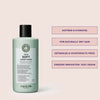 Grüne Flasche True Soft Conditioner mit schwarzem Deckel aus der True Soft Beauty Bag 2025, neben Produktvorteilen auf blassrosa Hintergrund.