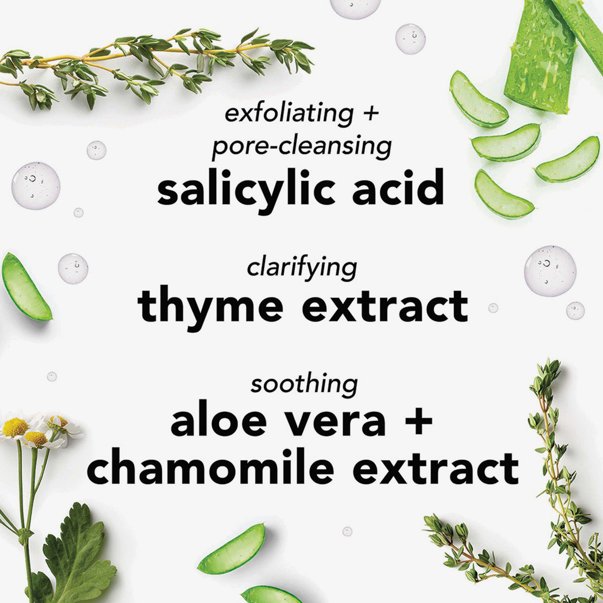 Grafik mit Inhaltsstoffen: Salicylsäure, Thymian-, Aloe-vera- und Kamillenextrakt – klärend, peelend, beruhigend. Dekoriert mit Pflanzen und Geltextur.