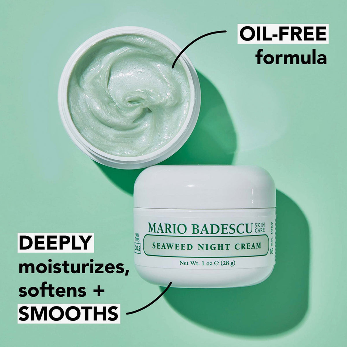 Mario Badescu Seaweed Night Cream mit ölfreier Formel auf grünem Hintergrund; spendet intensiv Feuchtigkeit und macht die Haut weich und glatt.