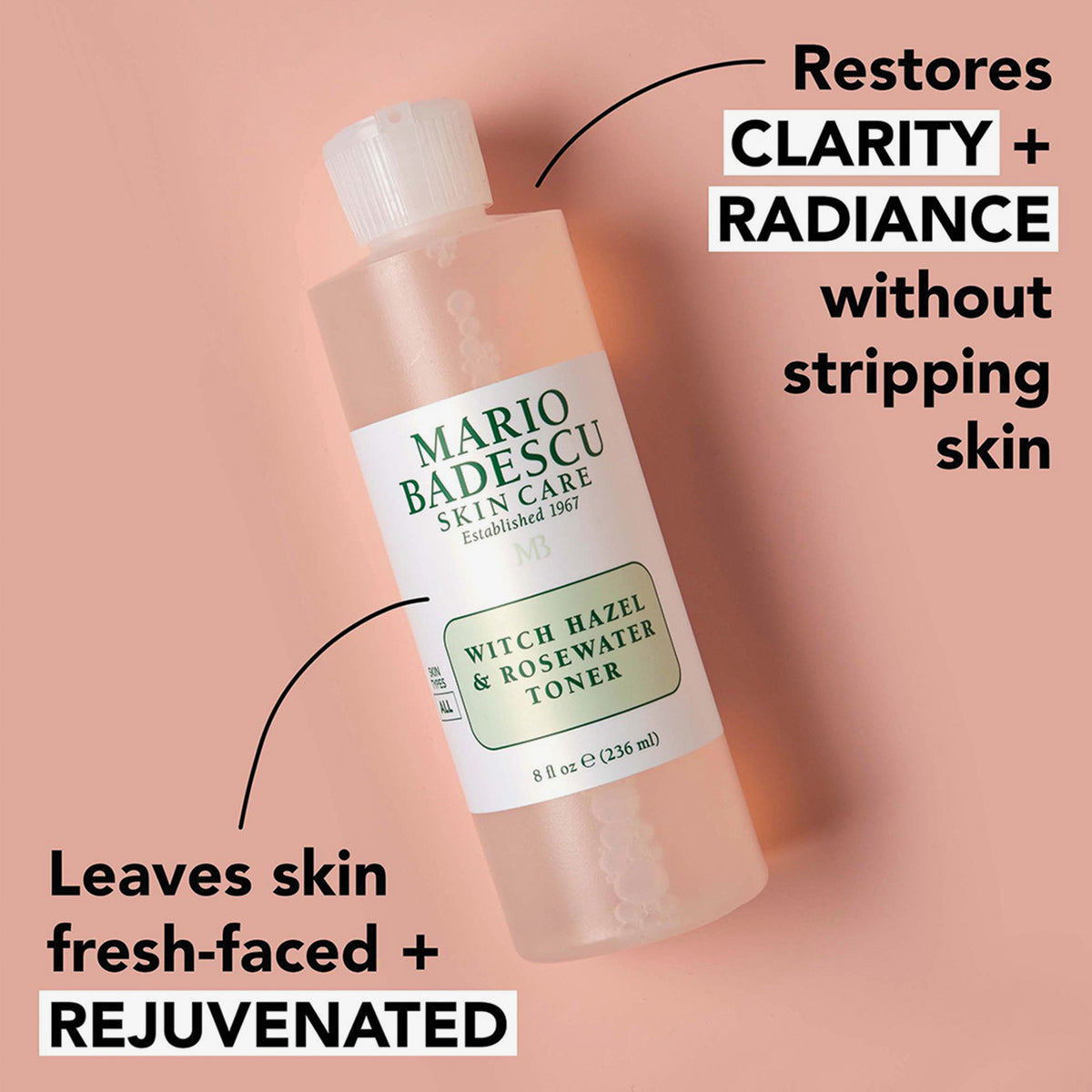 Toner von Mario Badescu mit Witch Hazel & Rosenwasser auf rosa Hintergrund; verspricht klare, strahlende, frische und erneuerte Haut.