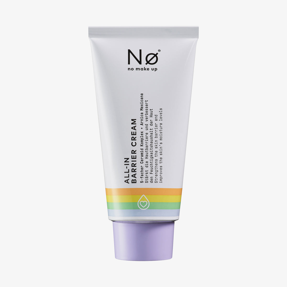 Eine Tube „Celebrate Tøday All-In Barrier Cream“ mit einem pastellfarbenen Regenbogenstreifen und lavendelfarbenen Deckel auf weißem Hintergrund.