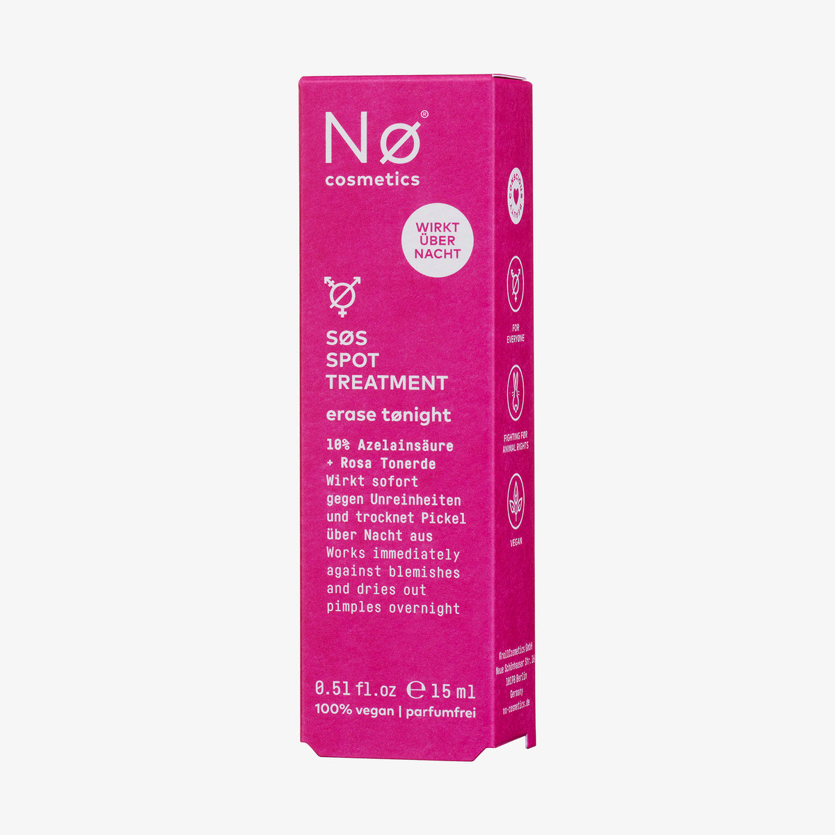 Leuchtend rosafarbene Schachtel von erase tønight SØS Spot Treatment von Nø Cosmetics mit Produktangaben in weißer Schrift.