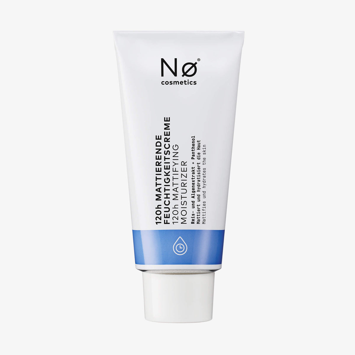 Weiße Tube Nø Cosmetics 120h mattierende Feuchtigkeitscreme mit blauen Akzenten und schwarzem Text auf dem Etikett.