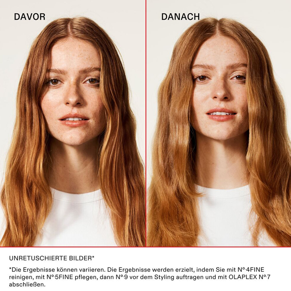 Vorher-Nachher-Bild einer Frau mit rotem Haar; Vorher platt und strähnig, Nachher voluminös und glänzend.