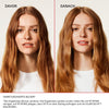 Vorher-Nachher-Bild einer Frau mit rotem Haar; Vorher platt und strähnig, Nachher voluminös und glänzend.