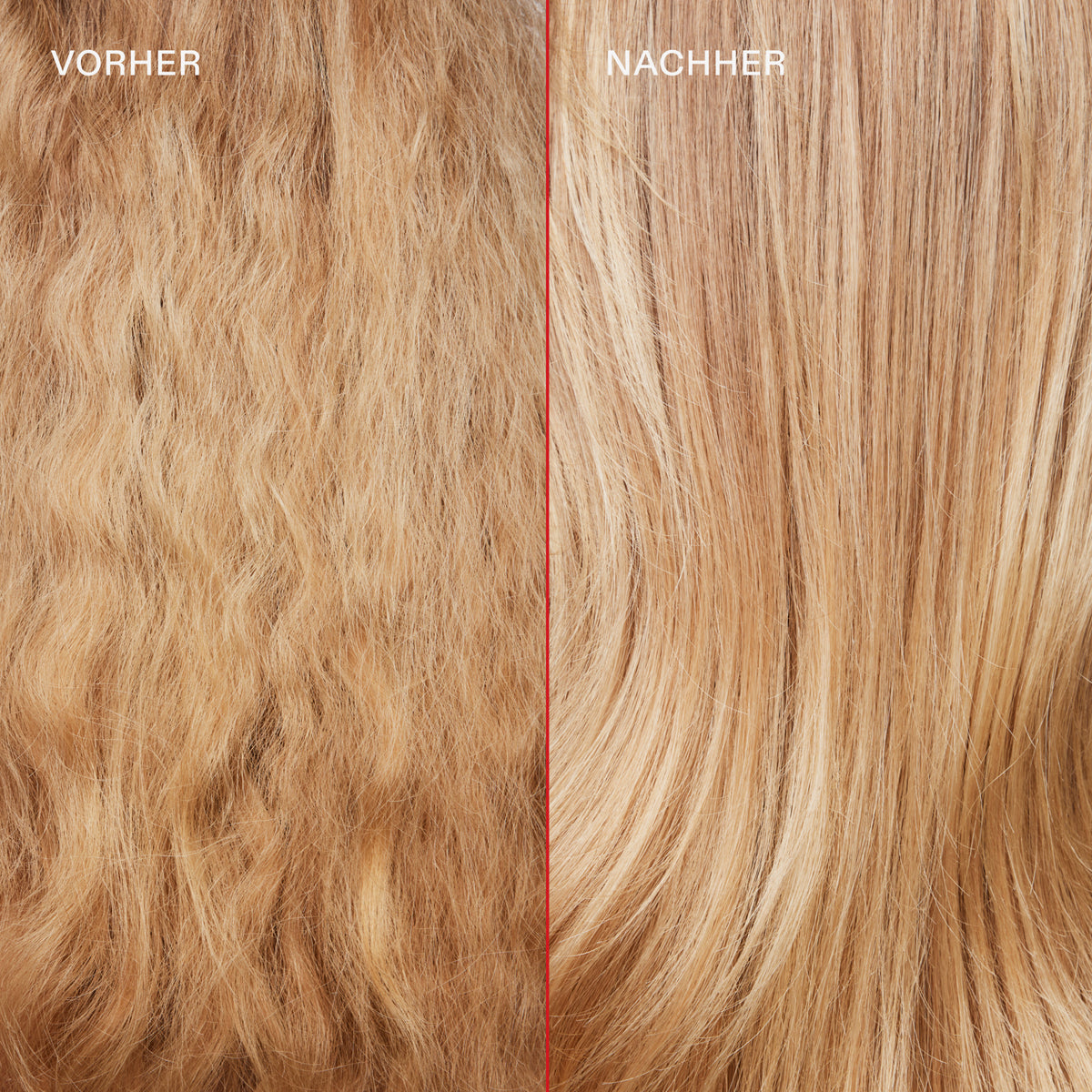 Langes blondiertes strapaziertes Haar (links) vor und glänzendem glatten Haar (rechts) nach der Anwendung vom N°4 Bond Maintenance Shampoo.