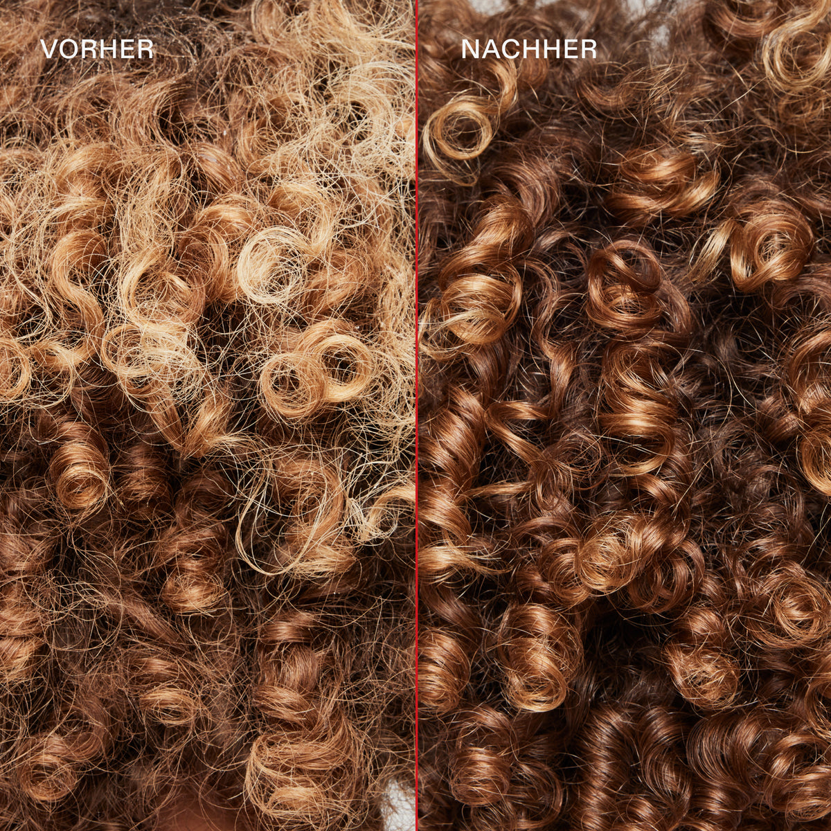 Vorher-Nachher-Bild: Blondierte krause Locken (links) vor und definierte hydrierte Locken (rechts) nach der Anwendung des N°4C Bond Maintenance Clarifying Shampoo.