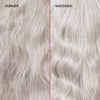 Graues krauses Haar (links) vor und leuchtendes weiches Haar (rechts) nach der Anwendung des N°5P Blonde Enhancer Toning Conditioner.