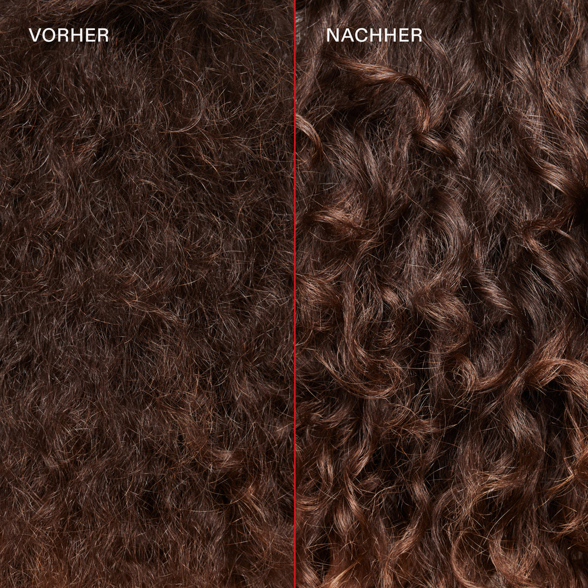 Braune krause Locken (links) vor und glänzende definierte Locken (rechts) nach der Anwendung des N°6 Bond Smoother.