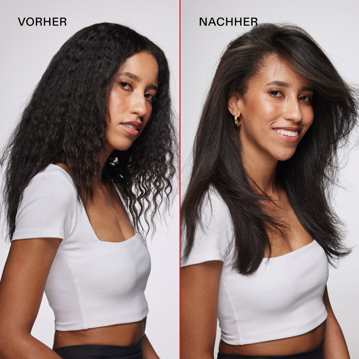 Frau mit schwarzem lockigem plattem Haar (links) vor und voluminösem glatten Haar (rechts) nach der Anwendung des Volumizing Blow Dry Mist.