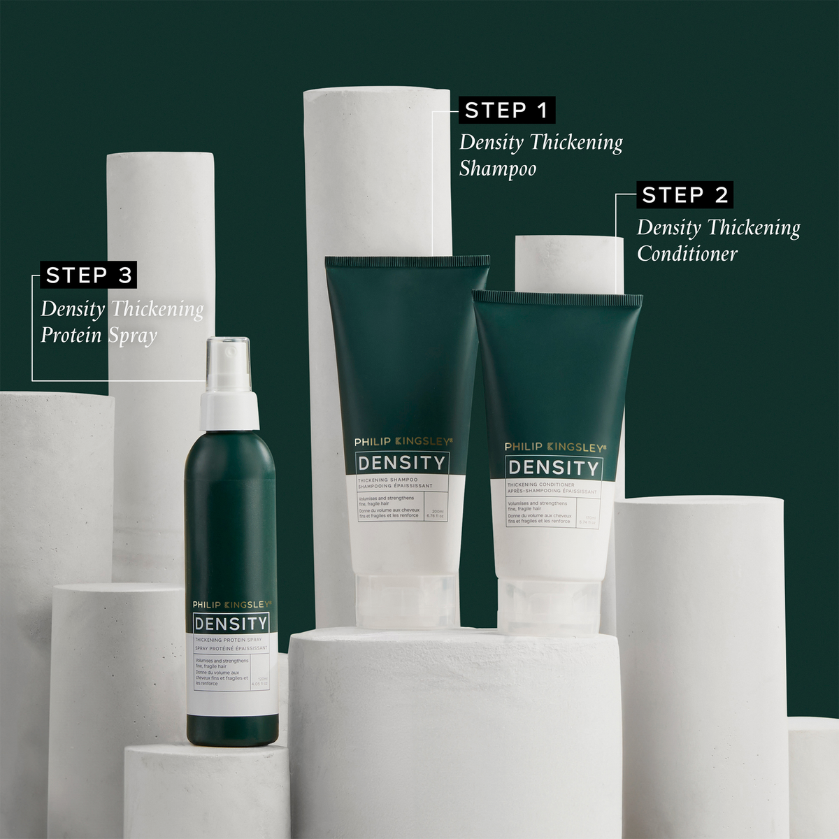 Philip Kingsley Density Thickening Conditioner auf einem weißen, zylindrischen Ständer, gekennzeichnet als Schritt 2 der Haarpflege-Routine.