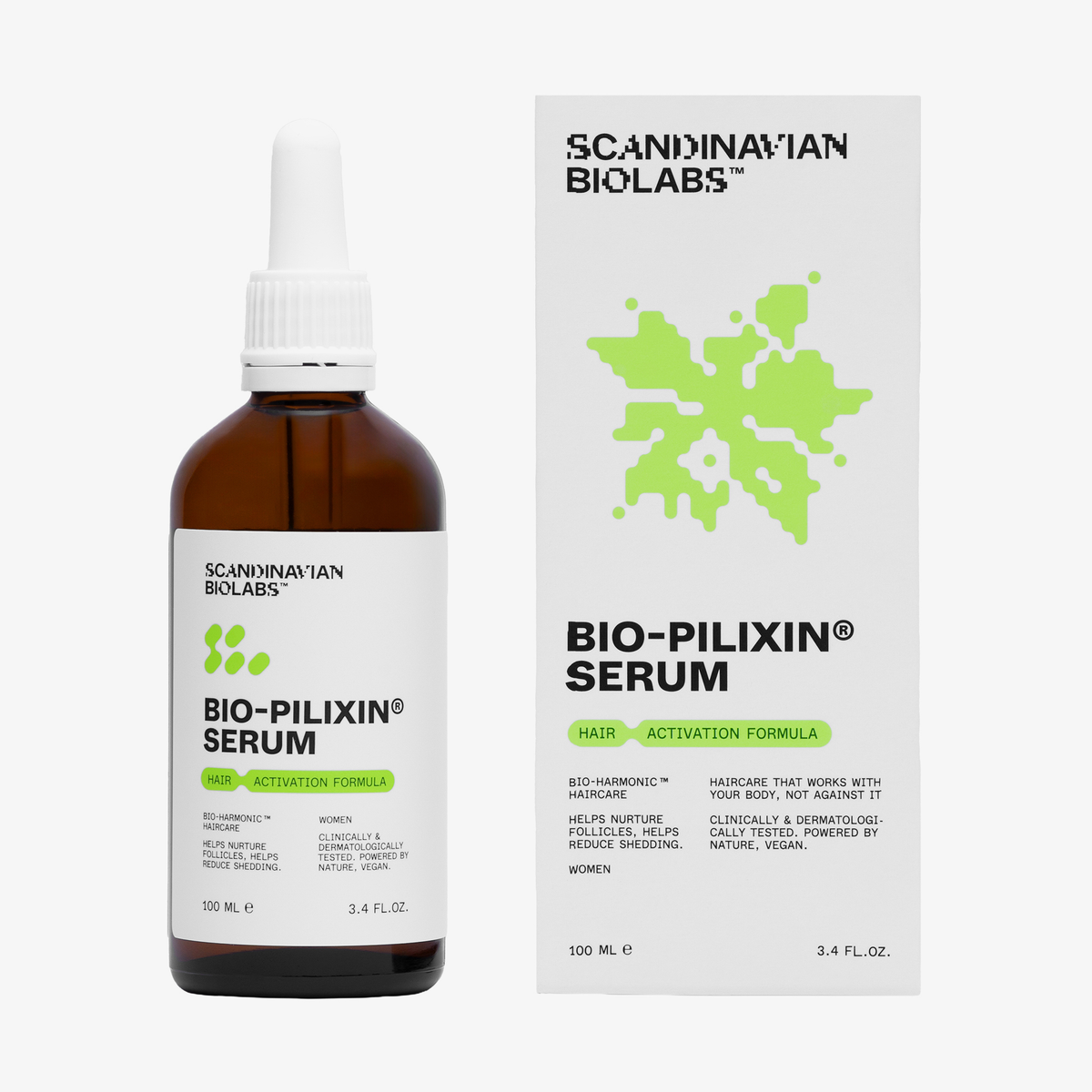 Eine Flasche Bio-Pilixin® Serum+ Women von Scandinavian Biolabs mit einem weißen Etikett.