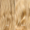 Blondes Haar nebeneinander: links wellig und kraus (vorher), rechts glatt und glänzend (nachher) nach der Anwendung von SHYNE Cloud Conditioner.