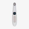 Das Beauty Eye Massager verfügt über ein weißes digitales Thermometerdesign mit einem Anzeigebildschirm und Steuertasten auf grauem Hintergrund.