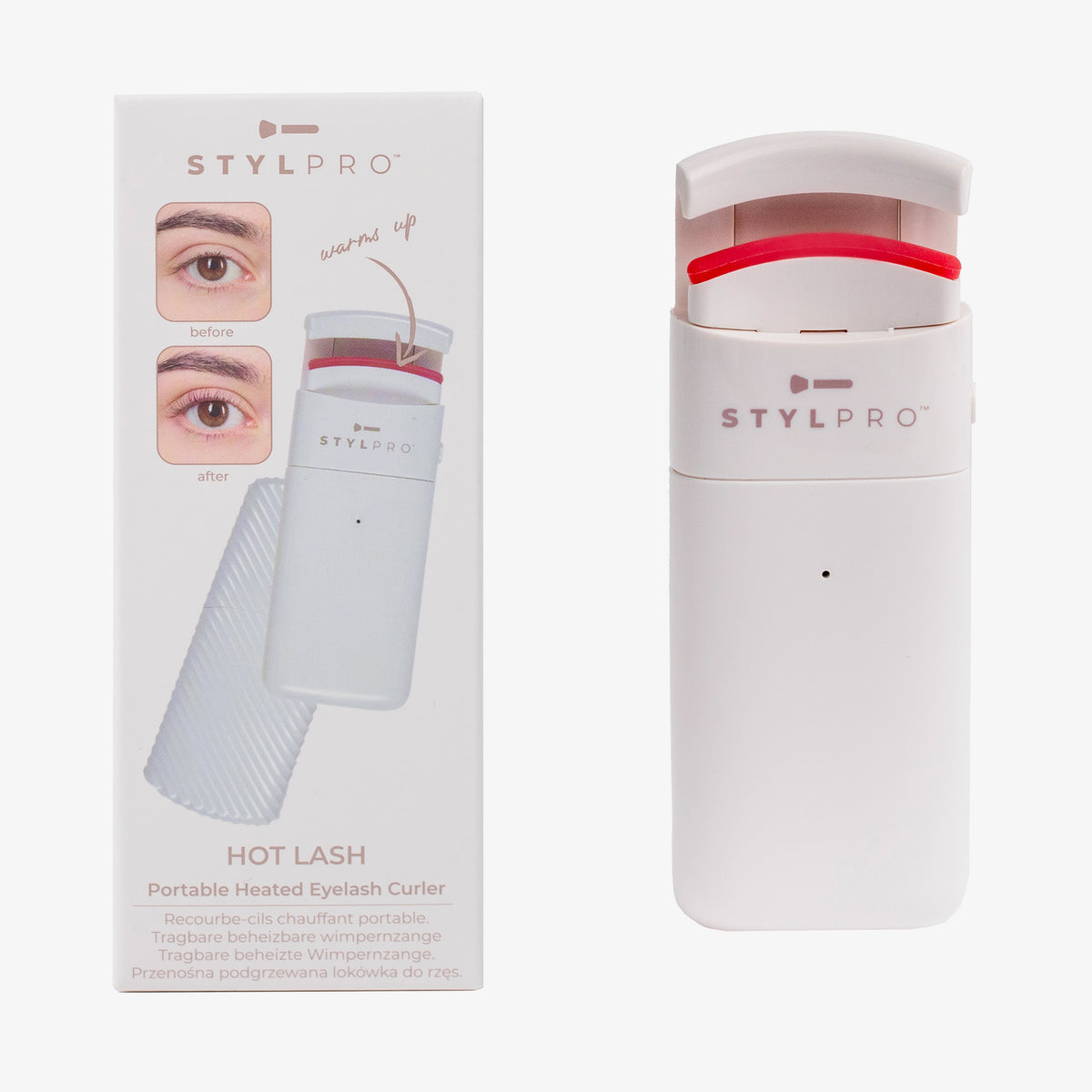 Beheizte Wimpernzange mit Verpackung, auf der Vorher- und Nachher-Bilder der Augen zu sehen sind.
