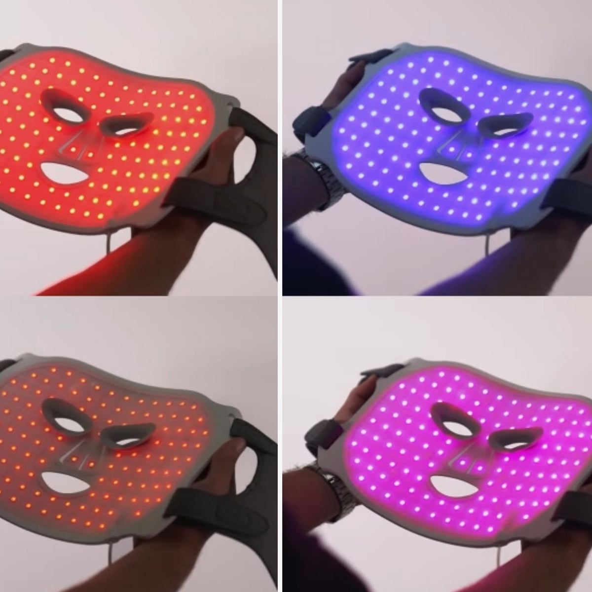 Die Wavelength LED-Gesichtsmaske bietet vier Farboptionen: Rot, Blau, Orange und Lila.