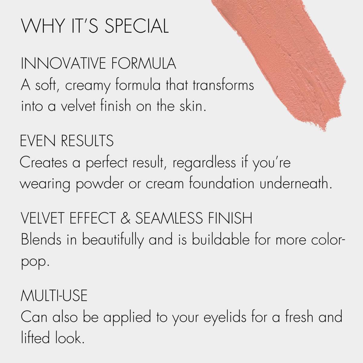 SWEED Air Blush Cream: Entdecken Sie die cremige Textur, dargestellt neben einem rosabeigen Farbstreifen auf einem sanften, hellen Hintergrund.