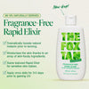 Produktabbildung des The Fox Tan Fragrance-Free Rapid Elixir. Neben der weißen Flasche mit grünem Logo stehen Werbeaussagen wie ‚99,18 % natürlich gewonnen‘, ‚Dramatisch gesteigerte Melaninproduktion vor dem Sonnenbaden‘, ‚Pflegt die Haut mit nährstoffreichen Inhaltsstoffen‘, ‚Auch für sensible Haut geeignet‘ und ‚Einmal täglich für 3–5 Tage vor UV-Einstrahlung anwenden‘. In der Ecke steht ‚New drop!‘ als Hinweis auf die Neuheit.