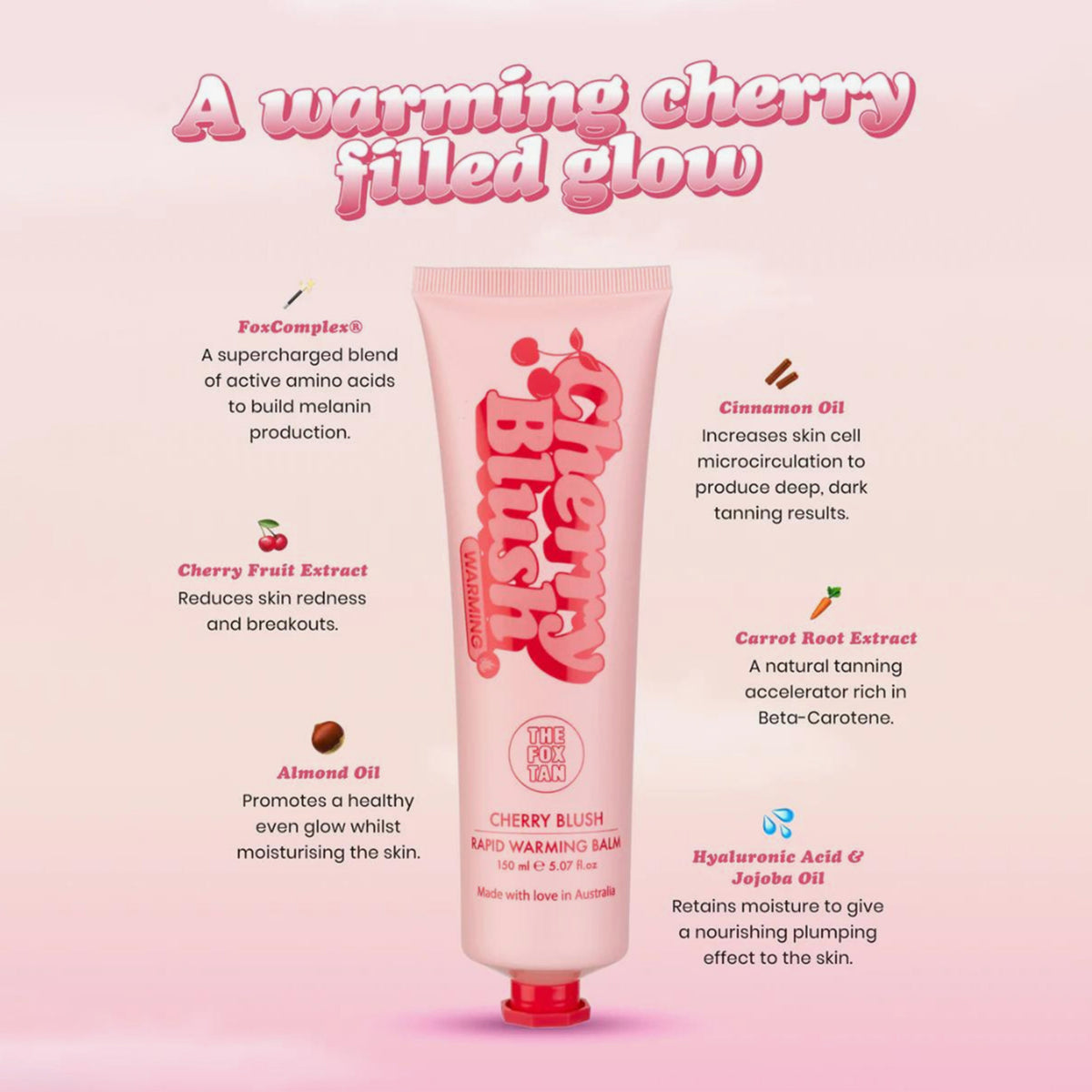 Tube Rapid Warming Balm mit Inhaltsstoffen wie FoxComplex, Kirschfrucht, Mandel, Zimt, Karottenwurzel und Hyaluronsäure.