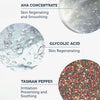 Infografik wird in drei kreisförmigen Bildern dargestellt, die die Hauptbestandteile zeigen: AHA-Konzentrat, Glykolsäure und Tasmanischer Pfeffer sowie ihre jeweiligen Vorteile für die Hautpflege.