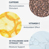 Illustrierte Kreise zeigen Koffein, Vitamin C und Hyaluronsäure mit der Auflistung ihrer Vorteile.