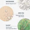 Grafik zeigt drei Inhaltsstoffe: Niacinamide zur Stärkung der Hautbarriere, Zinc PCA zur Regulation der Hautflora und Salixin™ mit antibakterieller Wirkung.