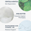 Infografik, die die Vorteile von Centella Asiatica, Sheabutter und 4D-Hyaluronsäure im 50+ SPF Invisible UV Protection Daily Intensive Moisturizer hervorhebt.