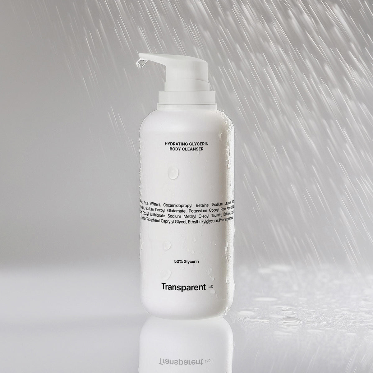 Eine weiße Flasche Hydrating Glycerin Body Cleanser mit einer Pumpe wird unter einen Wasserstrahl gehalten.