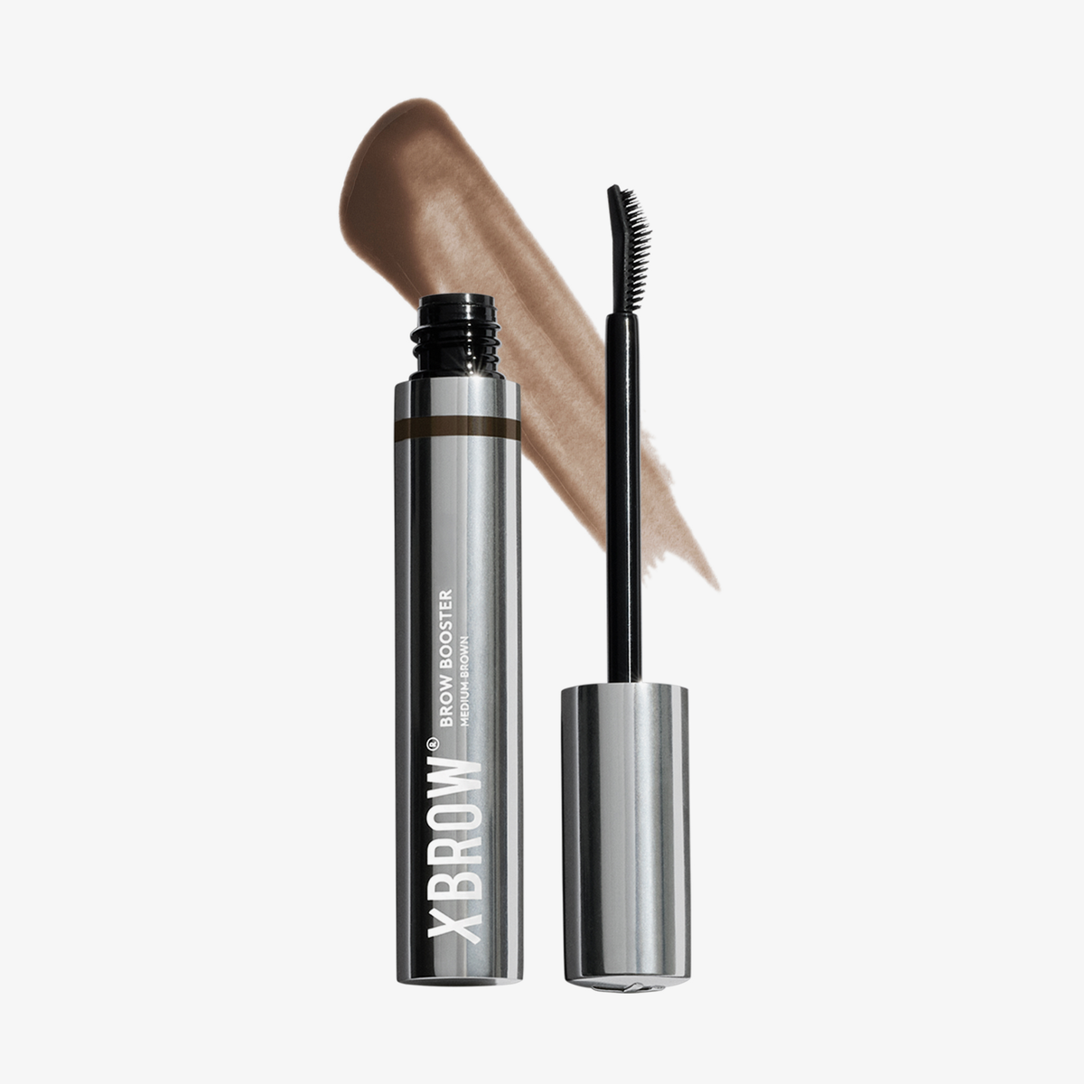 XLASH Brow Booster Augenbrauengel in einer Tube mit Applikator und einem Farbmuster in Mittelbraun.