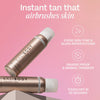 Zwei drapierte Flaschen Instant Tan vor rosa Hintergrund; daneben Vorteile des Produkts