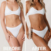 Vorher-Nachher-Bild einer Frau in weißer Wäsche; nach Anwendung des Self Tanning Mousse 100 ml Dark deutlich gebräunt.