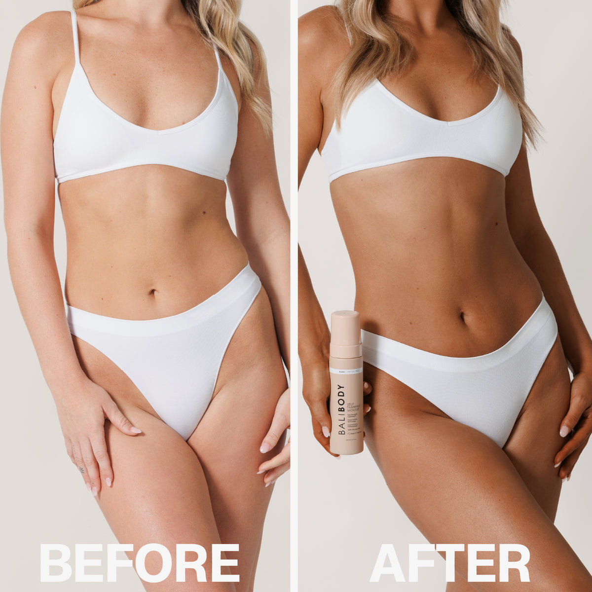 Vorher-Nachher-Bild einer Frau in weißer Wäsche; nach Anwendung des Self Tanning Mousse 100 ml Dark deutlich gebräunt.