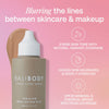 Flasche Tinted Super Serum SPF 30 von Bali Body mit Swatch vor rosa Hintergrund; daneben Vorteile des Produkts