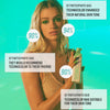 Person, die vor blauem Hintergrund einen Technocolor 1 Hour Express Self Tanning Foam Emerald hält, mit Teilnehmerstatistiken.