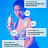 Eine Frau hält einen Technocolor 1 Hour Express Self Tanning Foam Sapphire in der Hand, daneben Umfrageergebnisse.