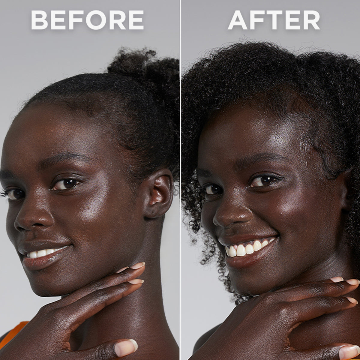 Vorher-Nachher-Bild einer Frau; nach des Anwendung Technocolor Self Tanning Face Serum Caramel leicht gebräunt.