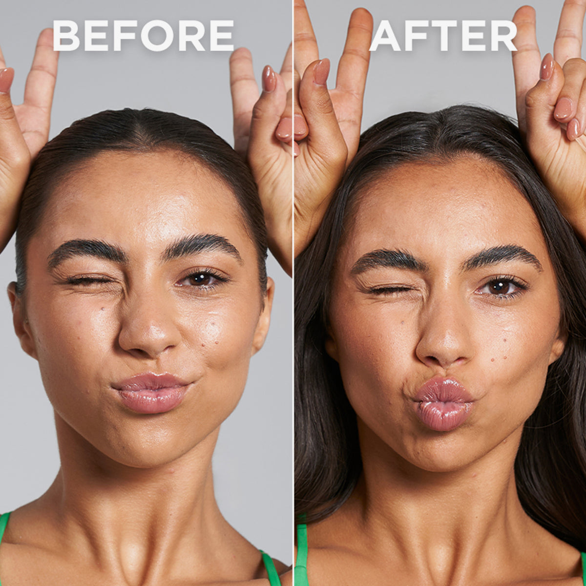 Vorher-Nachher-Bild einer Frau, die nach Anwendung des Technocolor Self Tanning Face Serum Emerald leicht gebräunt ist.
