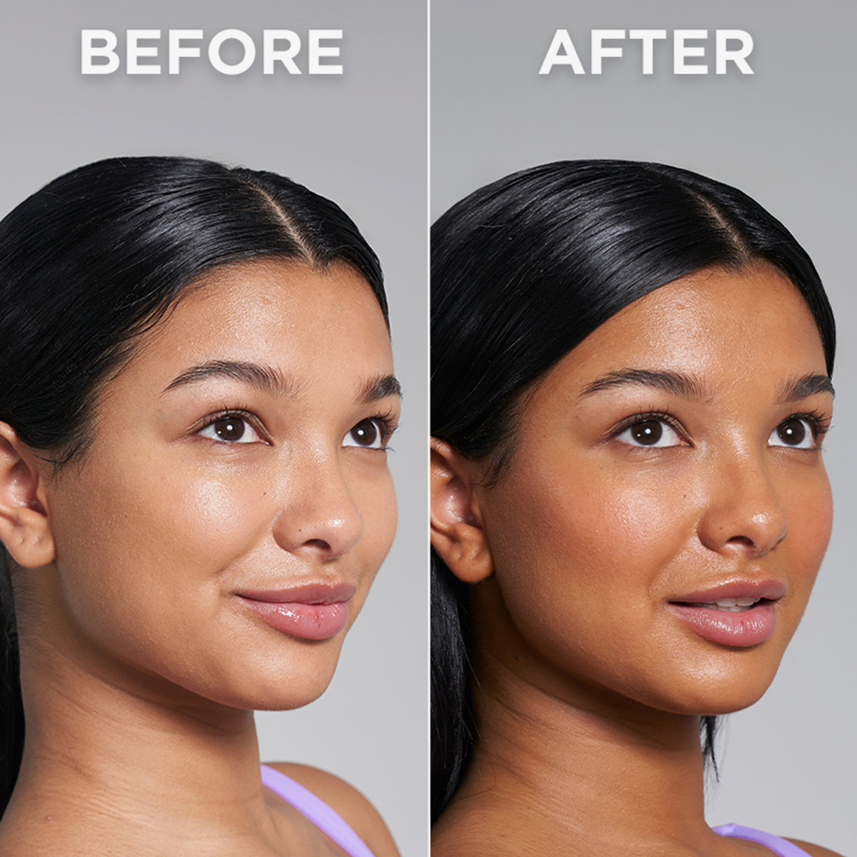 Vorher-Nachher-Bild einer Frau; nach Anwendung des Technocolor Self Tanning Face Serum Magenta deutlich gebräunt.