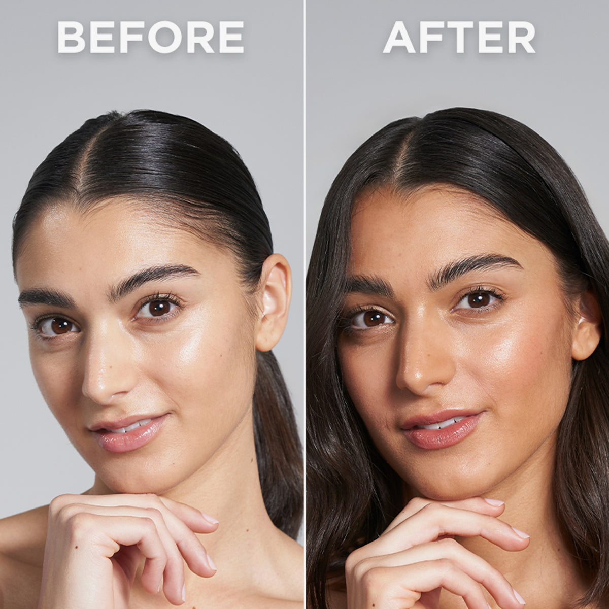 Vorher-Nachher-Bild einer Frau; nach Anwendung des Technocolor Self Tanning Face Serum Sapphire leicht gebräunt.