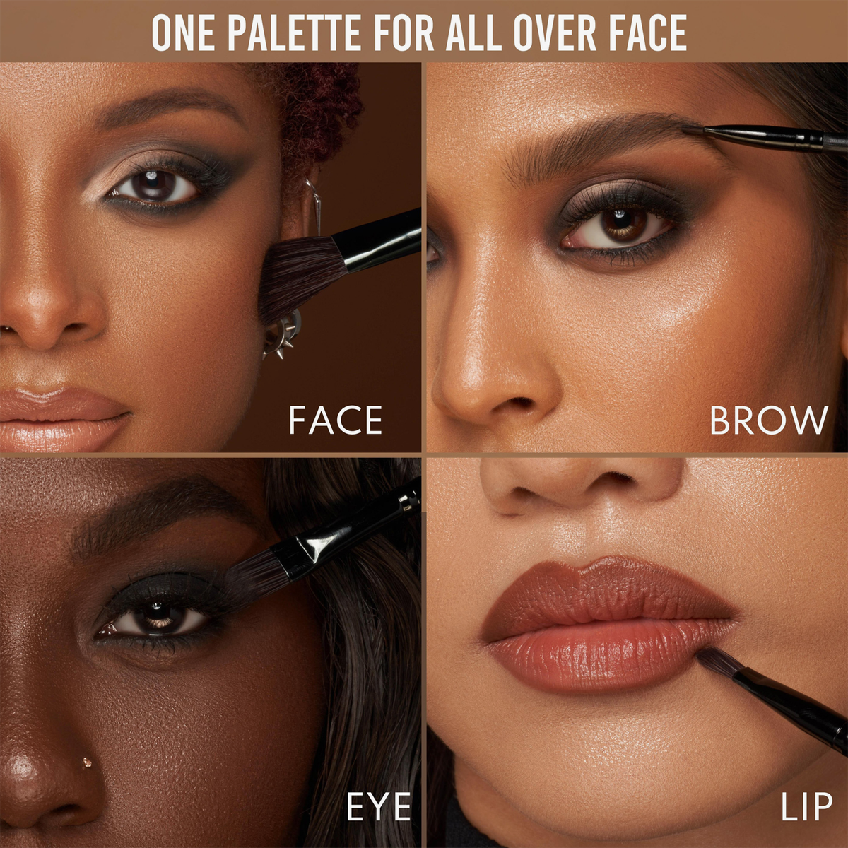 Vier Nahaufnahmen zeigen die Danessa Myricks Beauty Groundwork Palette - Defining Neutrals, aufgetragen auf Gesicht, Augenbrauen, Augen und Lippen.