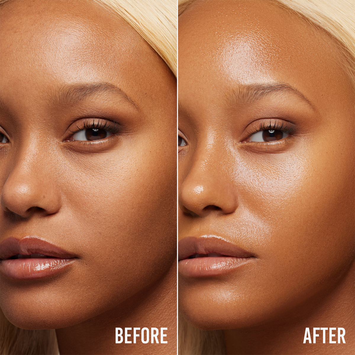 Eine Nahaufnahme des Gesichts einer Frau zeigt eine glattere, glänzendere Haut nach der Anwendung von Beauty Oil Original von Danessa Myricks Beauty.