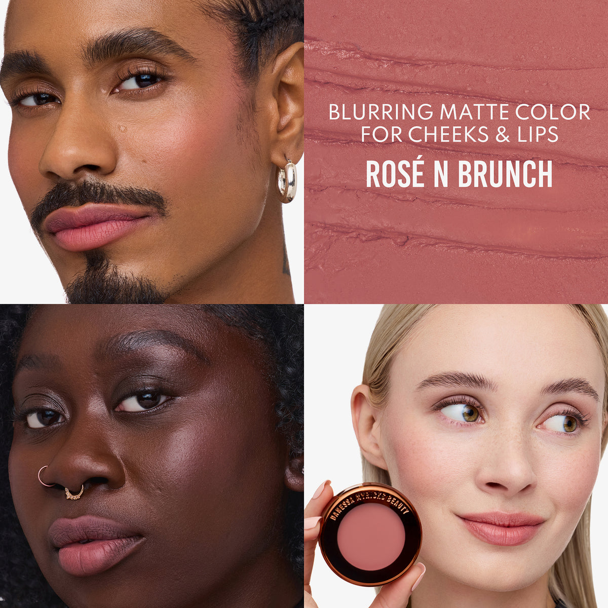 Drei Personen mit unterschiedlichen Hauttönen tragen das „Yummy Skin Flushed Essentials Blush & Lip Kit“ von Danessa Myricks Beauty, abgebildet mit Farbmuster und Döschen.