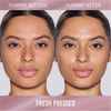 Die Gegenüberstellung des Gesichts einer Frau vor und nach der Anwendung des Danessa Myricks Beauty Yummy Skin Glow Serum Fresh Pressed zeigt einen matten Teint, der sich in ein strahlendes, leuchtendes Finish verwandelt hat.