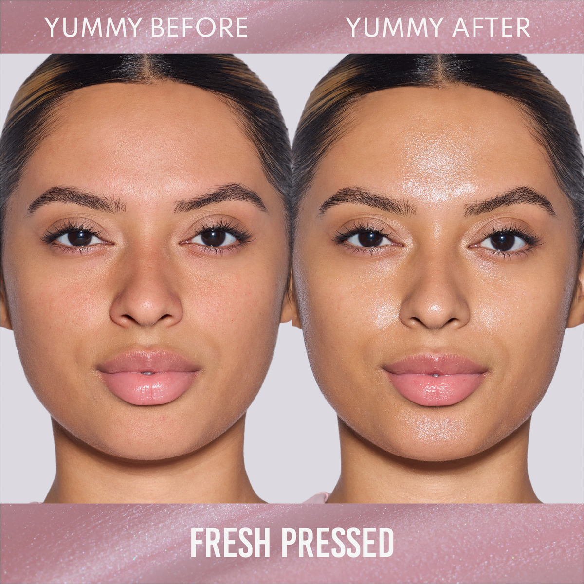 Die Gegenüberstellung des Gesichts einer Frau vor und nach der Anwendung des Danessa Myricks Beauty Yummy Skin Glow Serum Fresh Pressed zeigt einen matten Teint, der sich in ein strahlendes, leuchtendes Finish verwandelt hat.