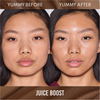 Nahaufnahme des Gesichts einer Frau vor und nach der Anwendung von Danessa Myricks Beauty Yummy Skin Glow Serum Juice Boost, die ihre deutlich strahlendere Haut hervorhebt.